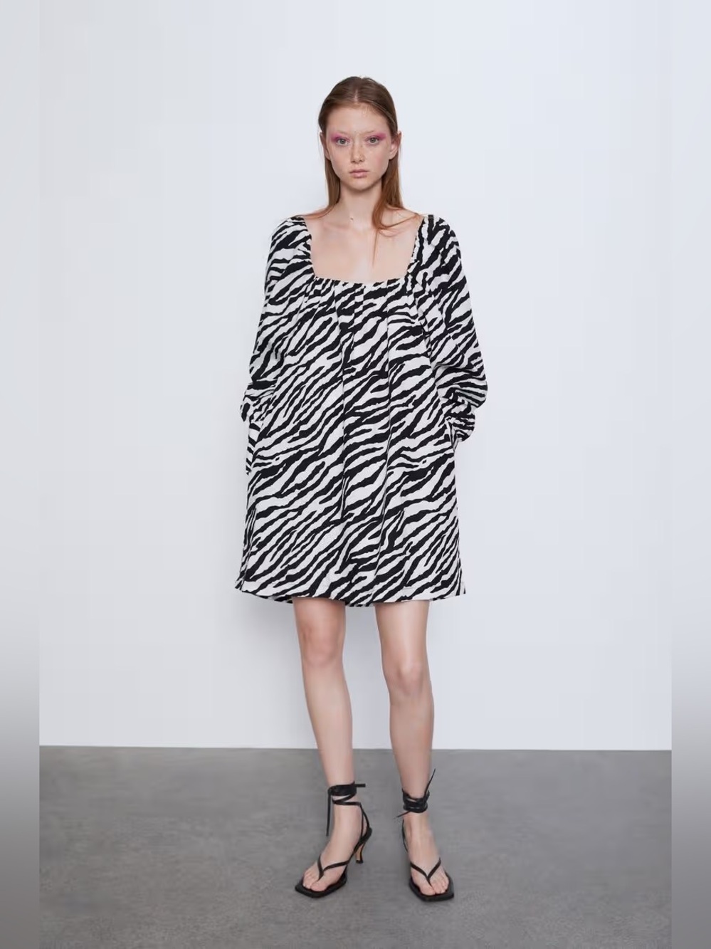 ZARA Zebra Animal Print Cotton Long Sleeve Mini Dress Size Large